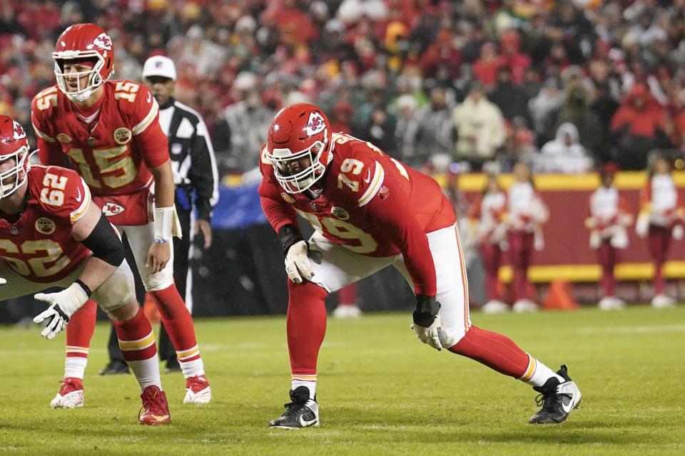 Nov 20, 2023; Kansas City, Missouri, USA; Kansas City Chiefs offensive tackle Donovan Smith (79) on the line of scrimmage against the Philadelphia Eagles during the game at GEHA Field at Arrowhead Stadium. Mandatory Credit: Denny Medley-USA TODAY Sports