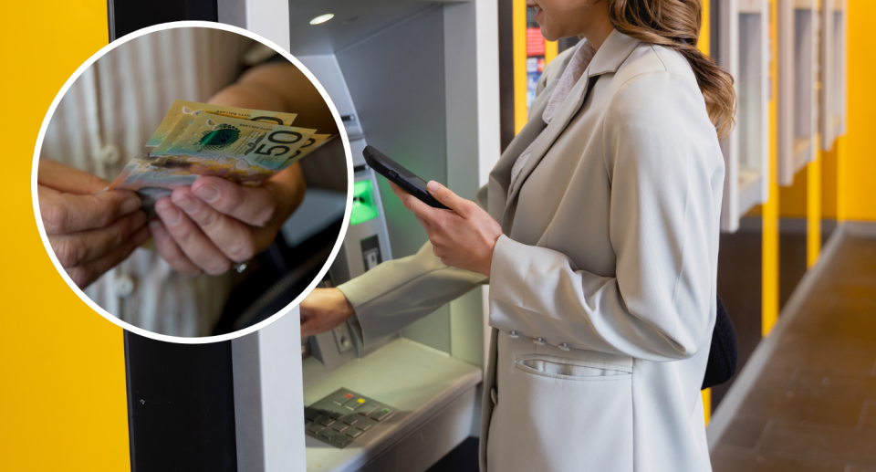 Insert of wad of Australian $50 notes next to woman taking out cash from ATM