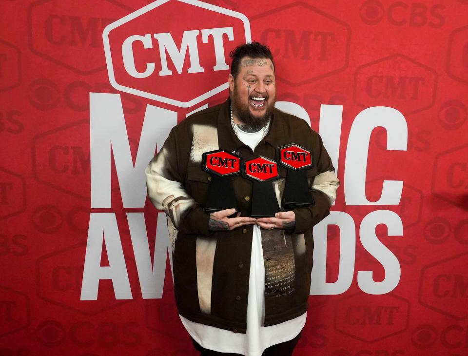 Jelly Roll celebrates on the red carpet after winning three awards at the 2024 CMT Music Awards at the Moody Center in Austin, Tex., Sunday night, April 7, 2024.