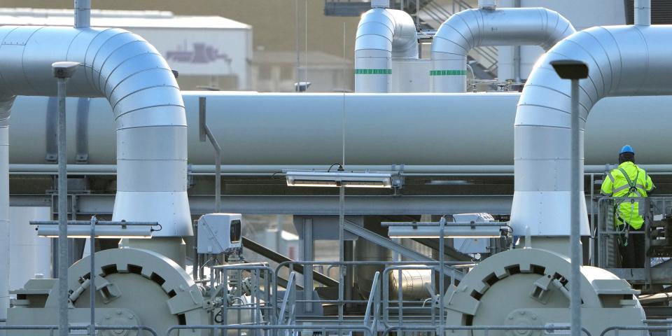 Pipes at the landfall facilities of the 'Nord Stream 2' gas pipline are pictured in Lubmin, northern Germany, on Feb. 15, 2022..