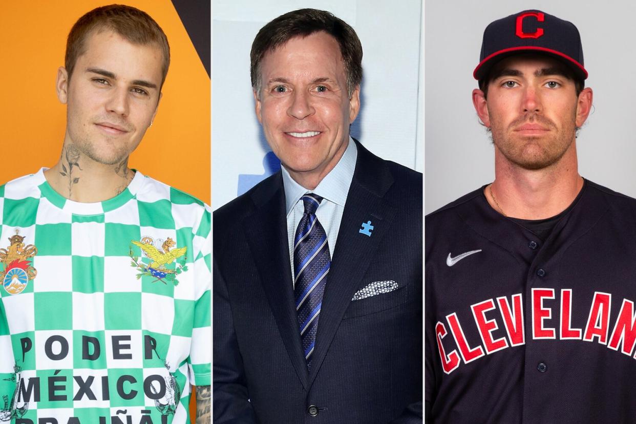 LOS ANGELES, CALIFORNIA - JULY 12: Justin Bieber visits the Wonderbrett dispensary on July 12, 2021 in Los Angeles, California. (Photo by Emma McIntyre/Getty Images); NEW YORK, NY - MAY 09: Bob Costas attends Lead Off For A Cure: Autism Speaks and Major League Baseball join forces at The Metropolitan Museum Of Art on May 9, 2016 in New York City. (Photo by Cindy Ord/Getty Images for Autism Speaks); GOODYEAR, AZ - FEBRUARY 27: Shane Bieber #57 of the Cleveland Indians poses during Photo Day at Goodyear Ballpark on Saturday, February 27, 2021 in Goodyear, Arizona. (Photo by Rob Tringali/MLB Photos via Getty Images)