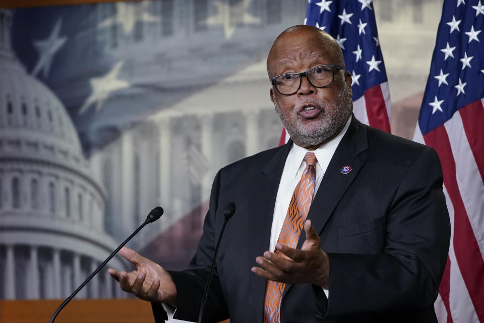 Rep. Benny Thompson, D-Miss., talks to reporters on Capitol Hill in Washington, Wednesday, May 19, 2021, about legislation to create an independent, bipartisan commission to investigate the Jan. 6 attack on the United States Capitol Complex. Thompson is the chairman of the House Homeland Security Committee and negotiated the bipartisan legislation. (AP Photo/Susan Walsh)