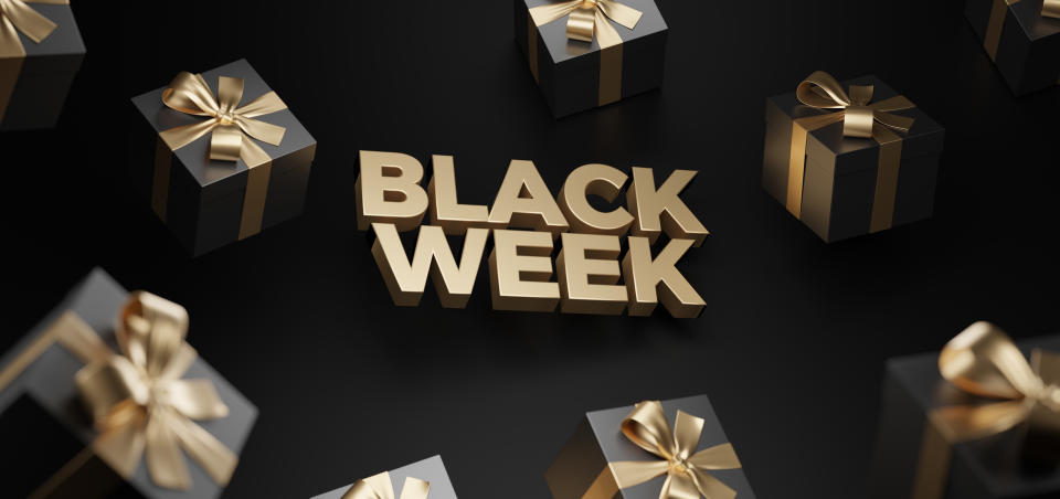 Black friday baner design. Black week sale concept. Black Friday sale poster. Commercial discount event banner. Black background textured with paper 3d dynamic shapes and golden glittering halftone pattern.