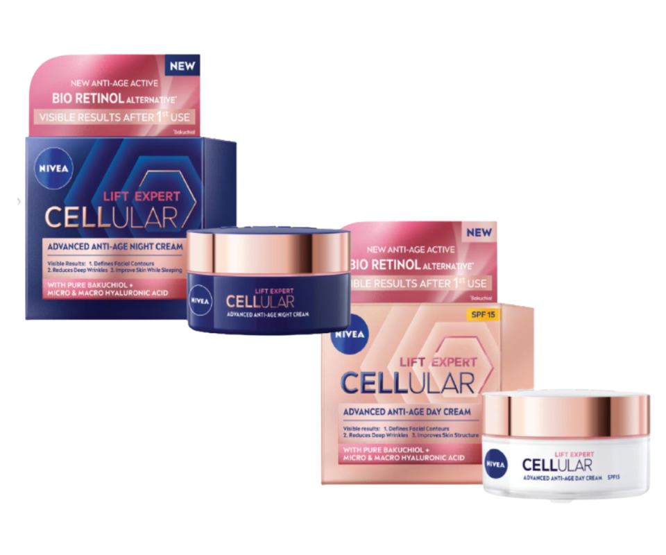 A navy packaged box of Nivea's Cellular Lift night cream on the top left against a white background with the pink package of the day cream on the bottom right. 