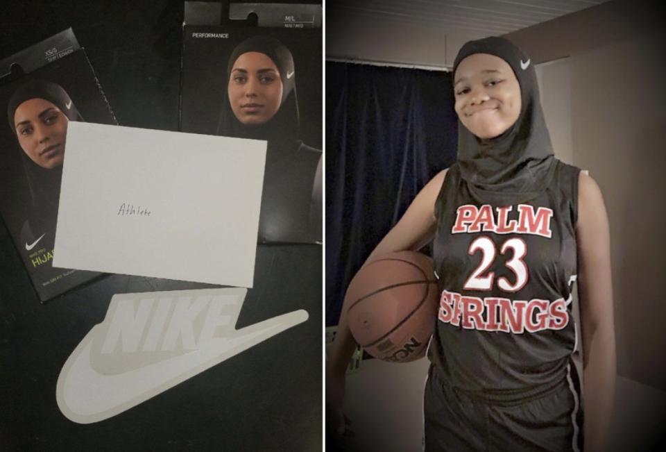 On the left is the package Camrin Hampton received from Nike. On the right she is showing off her new hijab designed for female Muslim athletes. (Photos via Bryan Stephens)