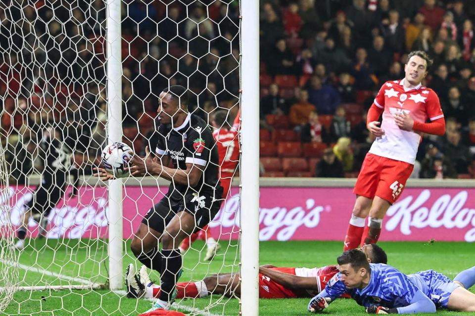 Victor Adeboyejo scores against Barnsley back in March <i>(Image: Camerasport)</i>