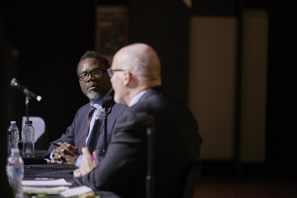 Brandon Johnson and Paul Vallas debate at Kenwood Academy in Chicago (Mustafa Hussain for NBC News)