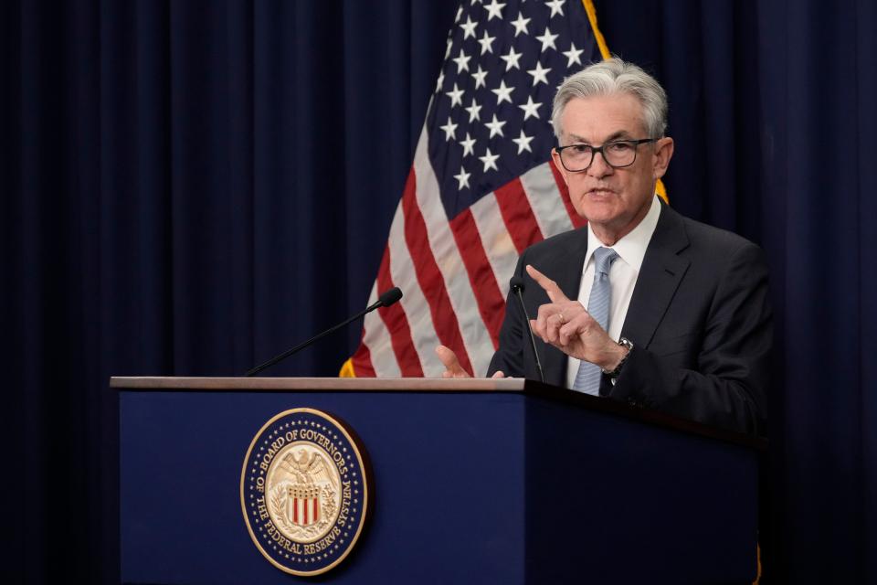 Předseda americké centrální banky Jerome Powell hovoří během tiskové konference po zasedání Federálního výboru pro volný trh (FOMC).