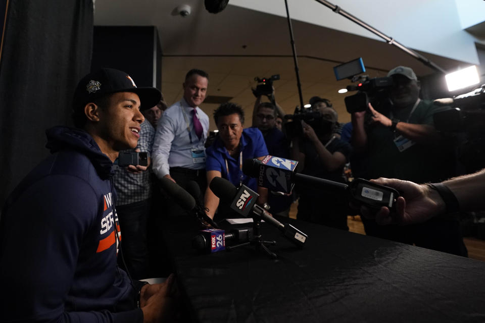 Houston Astros shortstop Jeremy Pena is interviewed ahead of Game 1 of the baseball World Series between the Houston Astros and the Philadelphia Phillies on Thursday, Oct. 27, 2022, in Houston. Game 1 of the series starts Friday. (AP Photo/David J. Phillip)