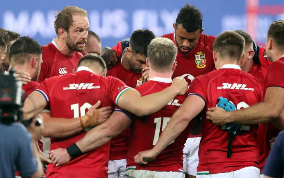 Lions captain Alun Wyn Jones addresses his team-mates after the match - REUTERS