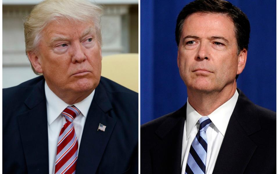 In this combination photo, President Donald Trump, left, appears in the Oval Office of the White House in Washington on May 10, 2017, and FBI Director James Comey appears at a news conference in Washington  - AP