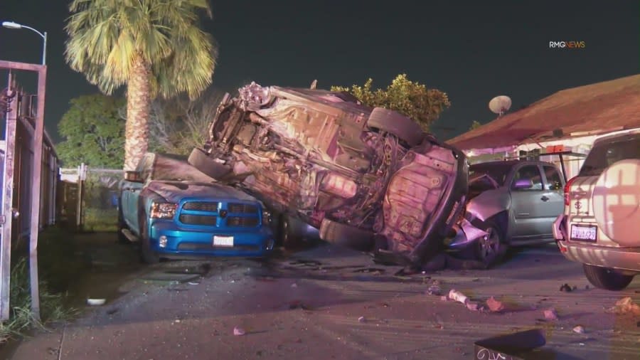 Three people were injured after a speeding vehicle careened into a Subway and a neighboring home in Van Nuys on Friday, April 19, 2024. (Sky5)