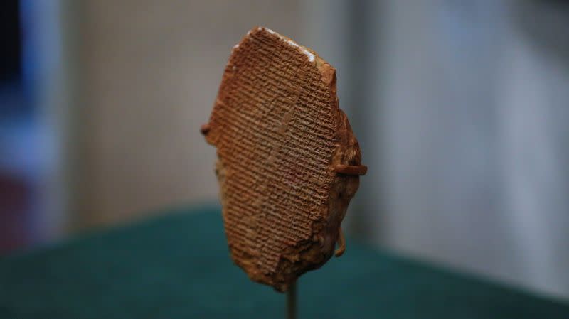 The Gilgamesh Dream Tablet, stolen from Iraq in 1991, is displayed at the Ministry of Foreign Affairs in Baghdad