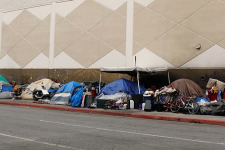 Tents and tarps erected by homeless people are shown along the sidewalks in the skid row area of downtown Los Angeles, California