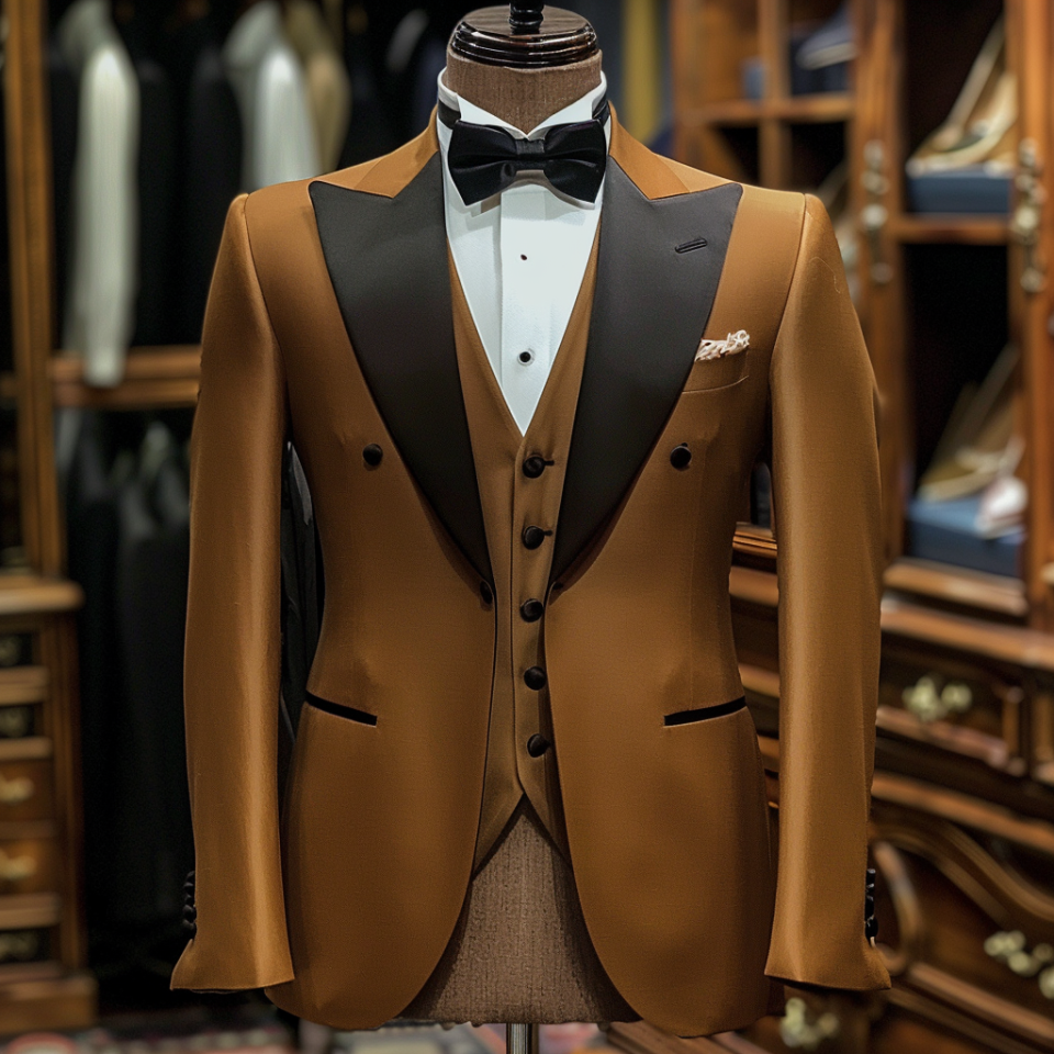 Mannequin displaying a formal brown tuxedo with a black lapel and bow tie