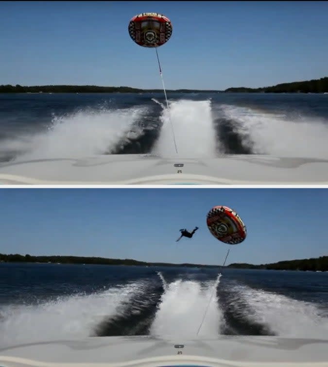 Screenshots from a video of a person falling off of a Kite Tube while airborne