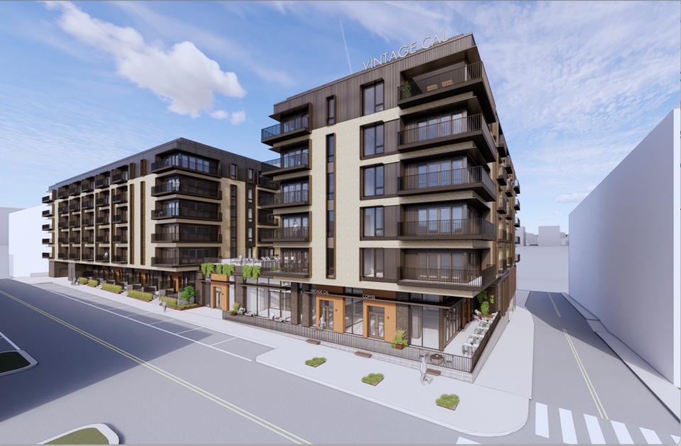 An early rendering of Vintage Cal, a 170-unit apartment complex planned next to Marble Alley Lofts in downtown Knoxville, shows one of two "sky courts" planned for one story above State Street. A cocktail pool is possible for one sky court, developer Buzz Goss told Knox News, and the apartments will range from studios to two-bedroom units.