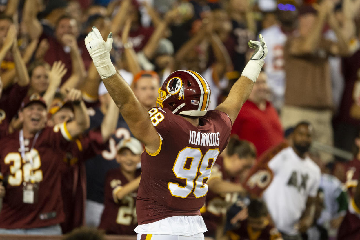 Matt Ioannidis thought he scored a safety when he drove Mitchell Trubisky into the end zone. (Reuters)