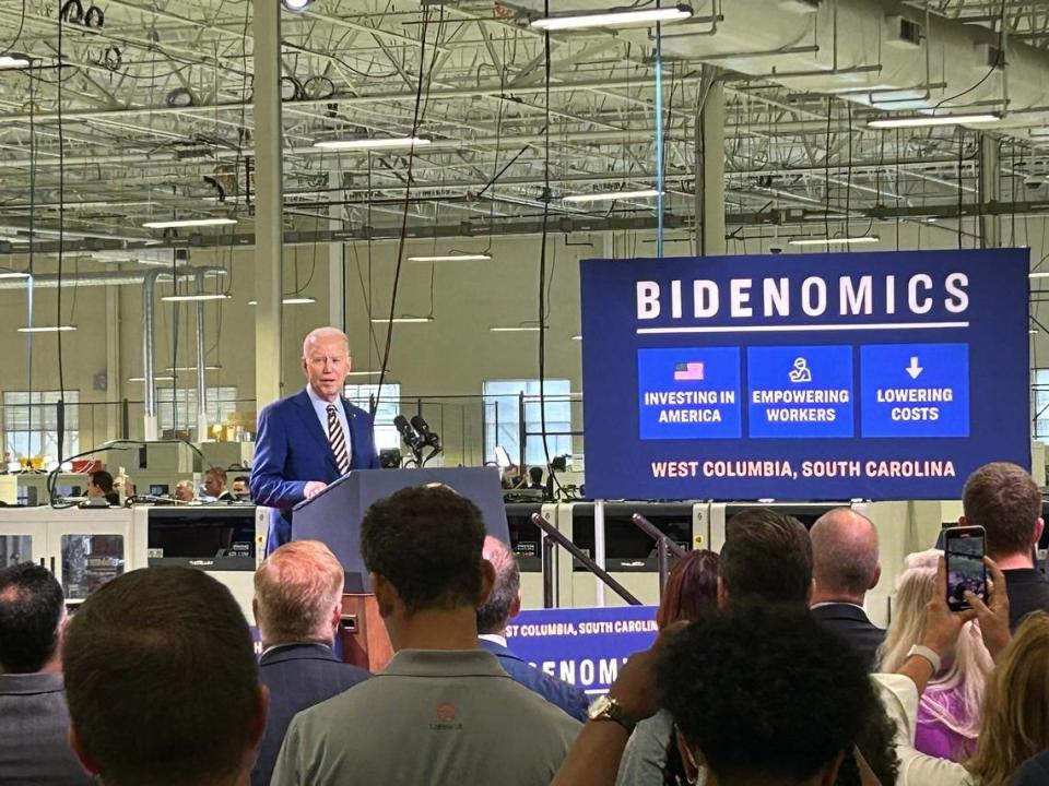 President Joe Biden speaks about his economic plans at West Columbia manufacturer Flex LTD Thursday.
