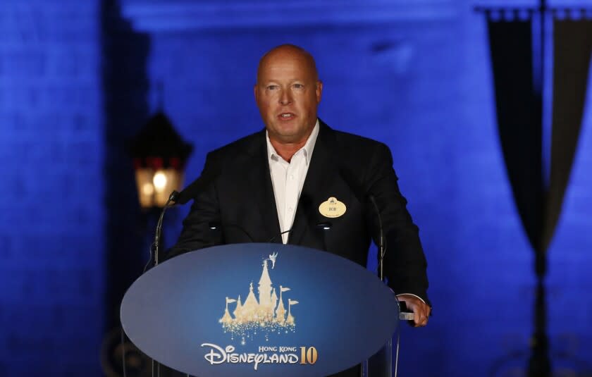 FILE - In this Sept. 11, 2015 file photo, Chairman of Walt Disney Parks and Resorts Bob Chapek speaks during a ceremony at the Hong Kong Disneyland. The Walt Disney Co. has named Chapek CEO, replacing Bob Iger, announced Tuesday, Feb. 25, 2020. (AP Photo/Kin Cheung, File)