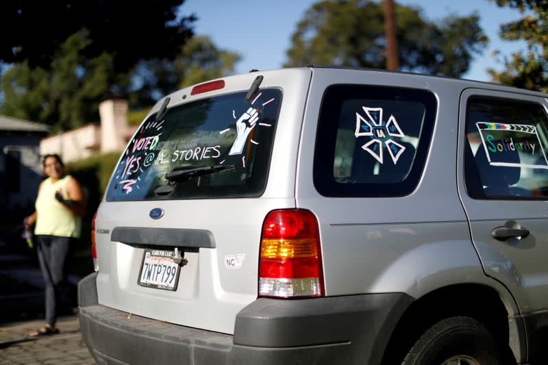 FILE PHOTO: The adorned car windows of a neighbouring vehicle are pictured the day after 90% of IATSE Local 871 members cast ballots and more than 98% of the votes returned were in favor of authorizing a strike in Glendale