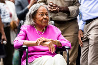 CORRECTS MONTH TO JULY, NOT JUNE - Rachel Robinson, widow of Jackie Robinson, is shown at the ribbon cutting ceremony for the opening of the Jackie Robinson Museum, Tuesday, July 26, 2022, in New York. (AP Photo/Julia Nikhinson)