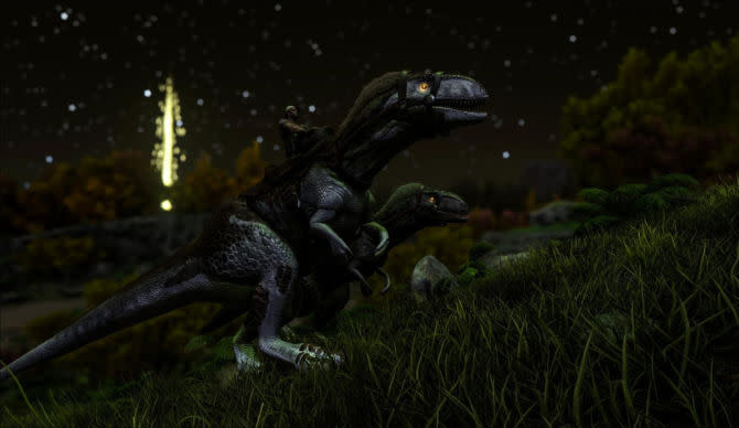 Tamed Megalosaurus hunt at night in ARK: Survival Evolved.