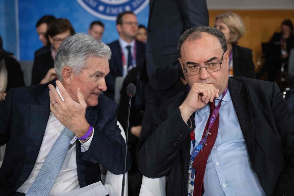 ftse Governor of the Bank of England Andrew Bailey (R) speaks with Federal Reserve Chair Jerome Powell (L) during a meeting of the International Monetary and Financial Committee at the IMF/World Bank Group Annual Meetings in Washington, DC, on October 14, 2022. (Photo by Jim WATSON / AFP) (Photo by JIM WATSON/AFP via Getty Images)