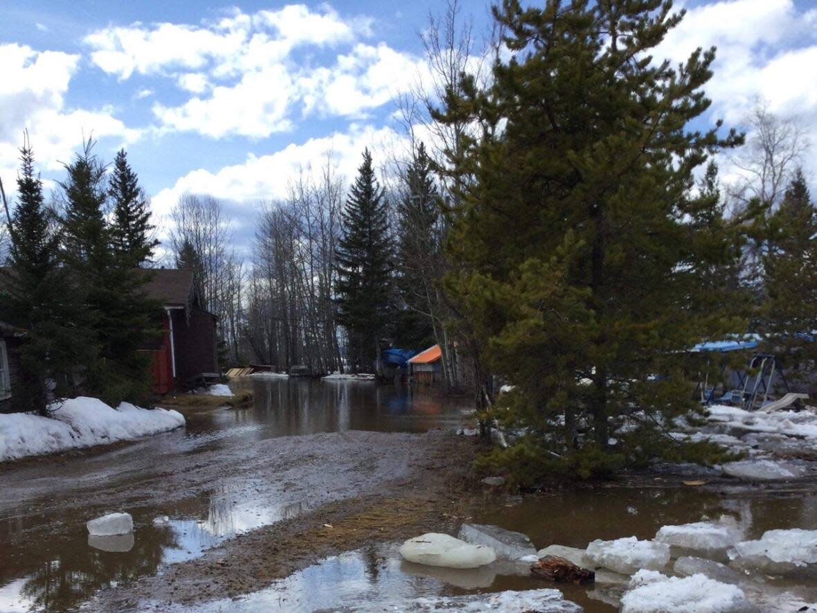 An unexpected flash flood hit some homes in Sambaa K'e Sunday evening. (Submitted by Bertha Deneron - image credit)