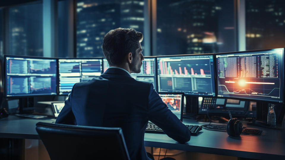 An executive in a modern office surrounded by computer screens, confidently making financial transactions.