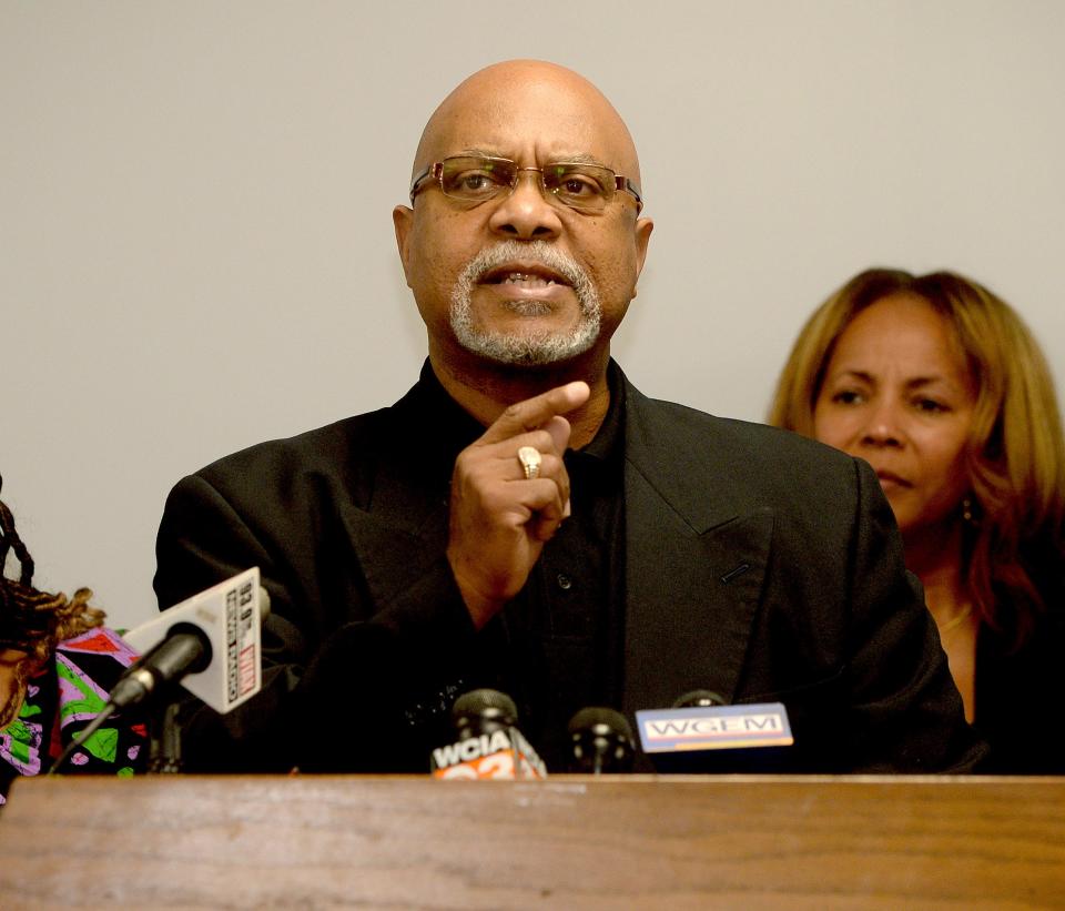 President of the Springfield IL. NAACP Branch Austin Randolph calls for calm during a press conference at the NAACP building in Springfield Friday, July 19, 2024.