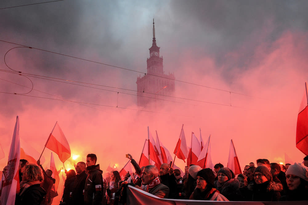 A Polish Independence Day march may have taken a turn for the nationalist with signs that say “Europe will be white”