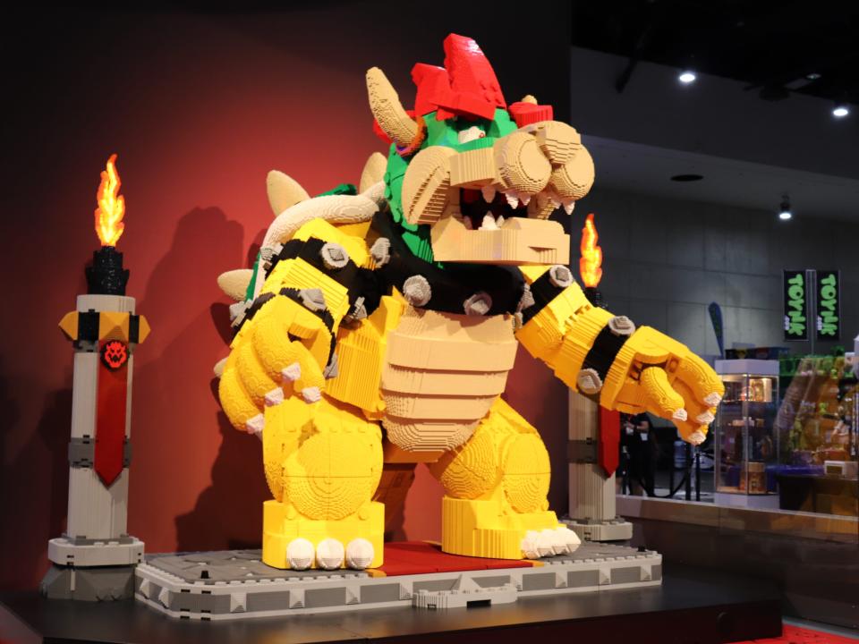 A giant Bowser made of Lego bricks at San Diego Comic-Con 2022.