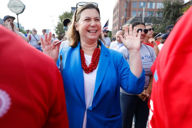 Rep. Elissa Slotkin (D-Mich.) marches in the Detroit Labor Day Parade on Sept. 4, 2023.