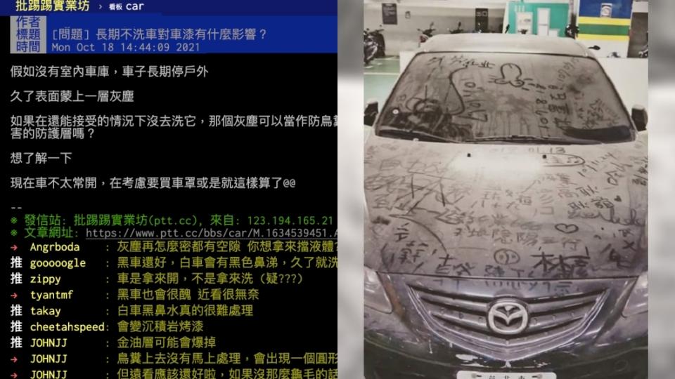 如果長時間不洗車，停在戶外累積了一層灰，是否可以保護車漆成了討論話題。(圖片來源/ 翻攝自PTT、林口大家庭臉書)