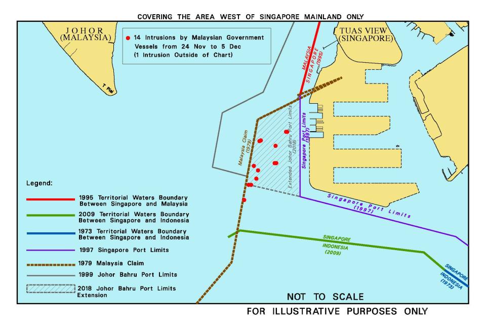 A chart indicating the maritime boundaries between Singapore and Malaysia, and Malaysia’s arbitrary extension of the Johor Bahru Port Limits in 2018. PHOTO: Singapore Ministry of Transport