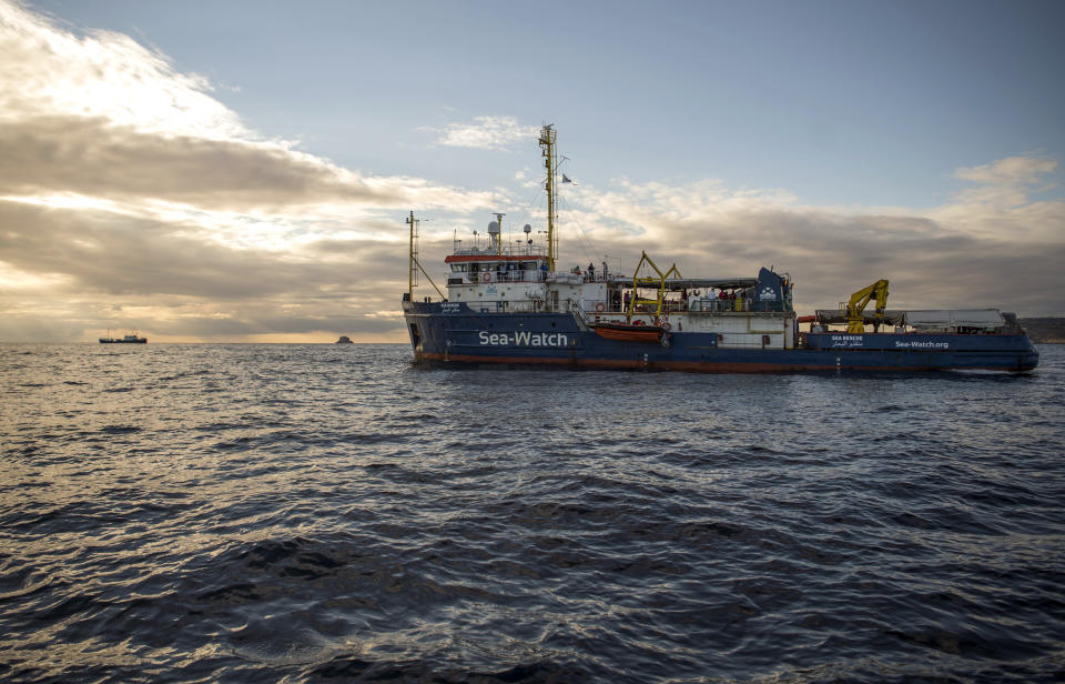 The Sea-Watch ship waits off the coast of Malta, Tuesday, Jan. 8, 2018. Two German nonprofit groups are appealing to European Union countries to take in 49 migrants whose health is deteriorating while they are stuck on rescue ships in the Mediterranean Sea. Sea-Watch and Sea-Eye representatives told reporters in Berlin on Tuesday that drinking water was being rationed on their ships and some migrants had trouble eating due to illness. (AP Photo/Rene Rossignaud)