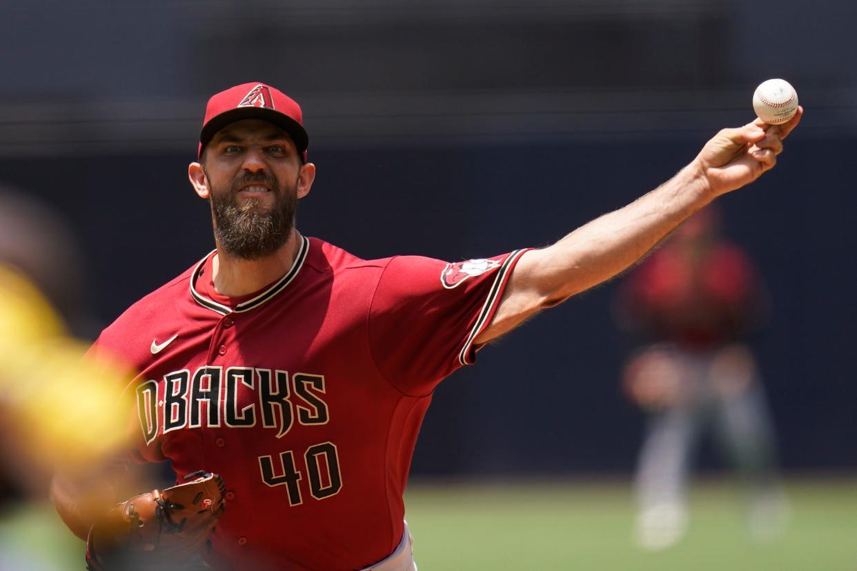 Arizona Diamondbacks starting pitcher Madison Bumgarner works against a San Diego Padres batter during the first inning of a baseball game Wednesday, June 22, 2022, in San Diego.