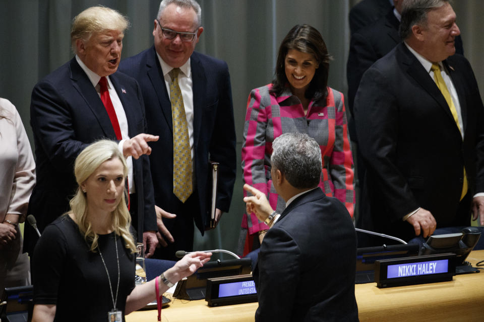 U.S. Ambassador to the United Nations Nikki Haley stands with President Donald Trump before the start of the "Global Call to Action on the World Drug Problem" at the United Nations General Assembly, Monday, Sept. 24, 2018, at U.N. Headquarters. (AP Photo/Evan Vucci)