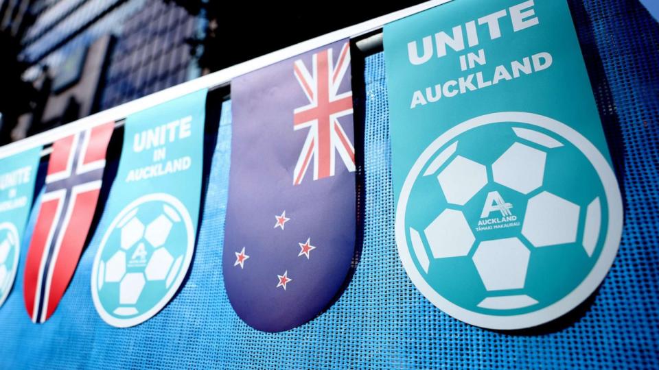 PHOTO: A sign reading 'Unite in Auckland' is hung ahead of the FIFA World Cup Australia & New Zealand 2023 on July 16, 2023, in Auckland, New Zealand. (Catherine Ivill/Getty Images)