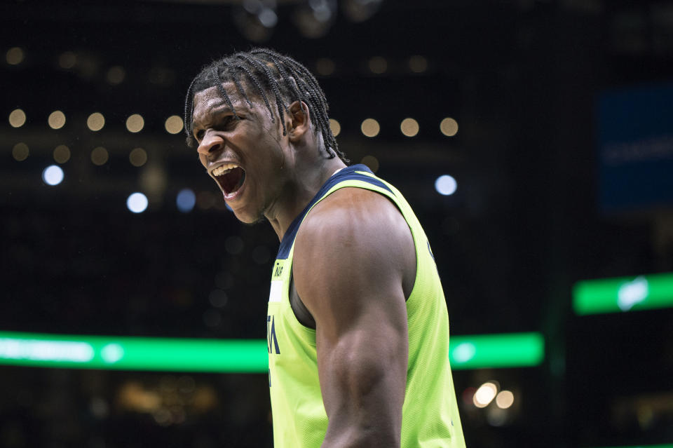 Minnesota Timberwolves forward Anthony Edwards yells after being ejected during the second half of the team's NBA basketball game against the Atlanta Hawks on Wednesday, Jan. 19, 2022, in Atlanta. (AP Photo/Hakim Wright Sr.)