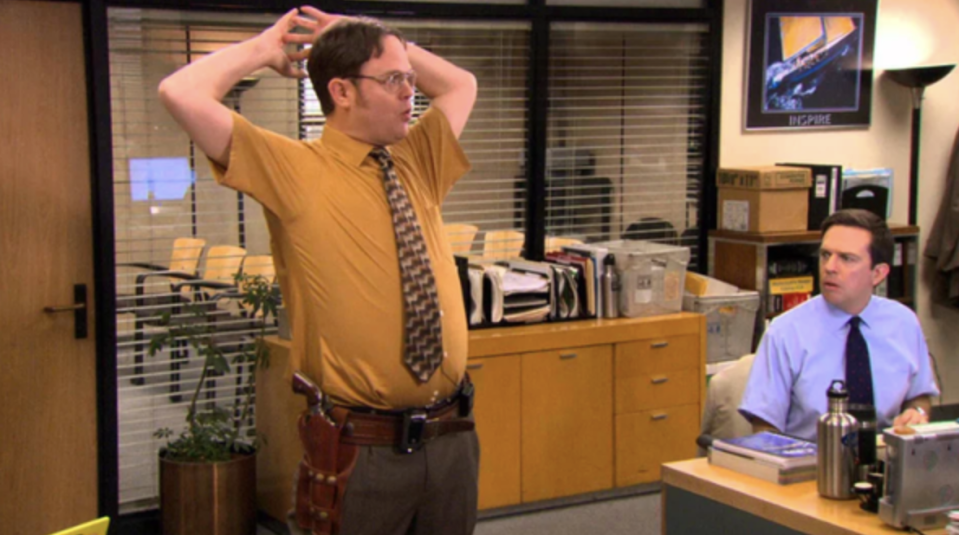 Dwight and Andy both wearing short sleeves