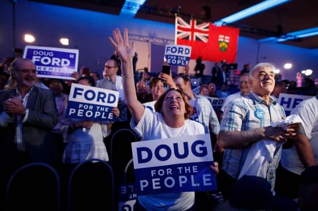 Supporters react after learning Doug Ford won a majority government in the last Ontario Provincial election in Toronto. (Mark Blinch/Canadian Press - image credit)
