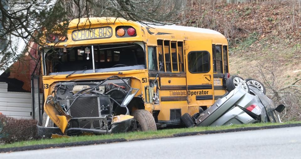 A school bus ran off of Southgate Dr. In New Hempstead, hitting a parked minivan and crashed into a house Dec. 1, 2022. Several people including children were taken to hospitals.