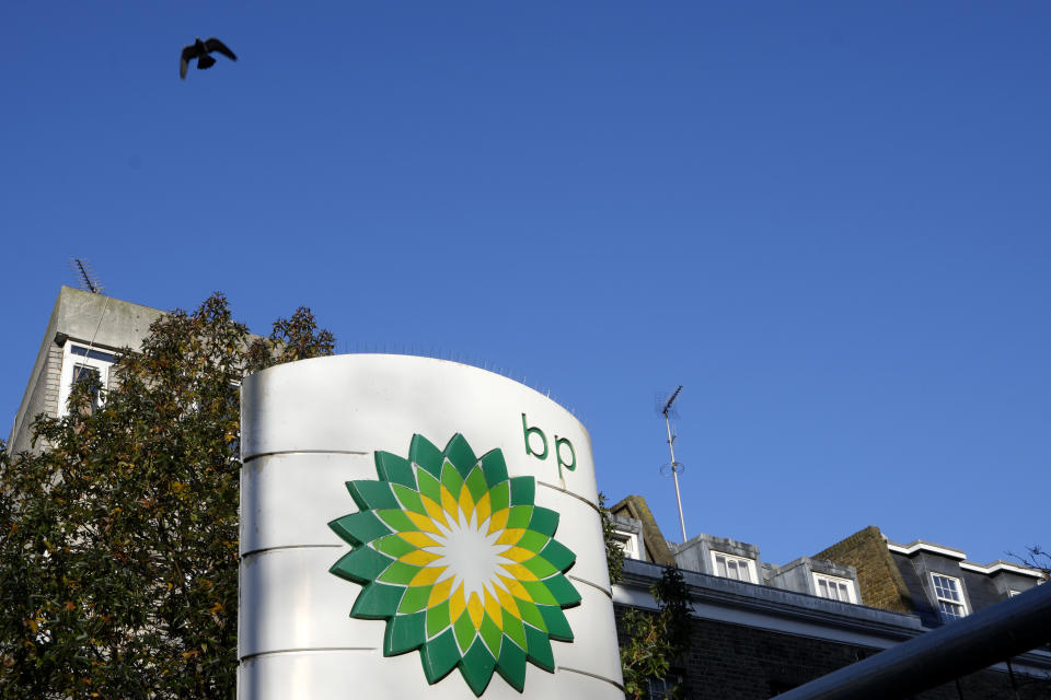 FILE - A sign at a BP petrol station in London, Feb. 7, 2023. Global energy giant BP, one of Britain’s biggest and most recognizable companies, is scurrying to find a new chief executive after CEO Bernard Looney became the latest corporate leader to step down amid questions about his personal conduct. Looney stepped down Tuesday, Sept. 12, 2023. (AP Photo/Kirsty Wigglesworth, File)