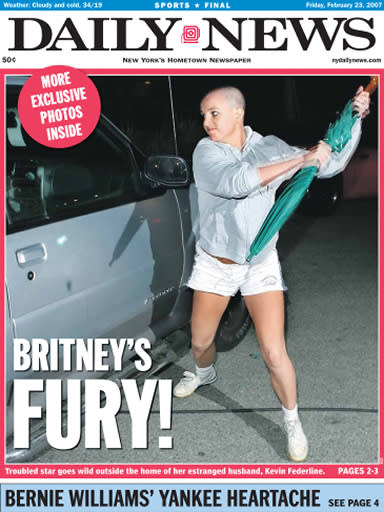 New York Daily News front page February 23, 2007   BRITNEY&#39;S FURY!
Britney Spears Attacks car with umbrella.  (NY Daily News via Getty Images)