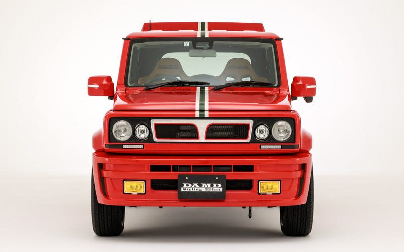 Front view of a red Suzuki Jimny with a Lancia Delta Integrale bodykit