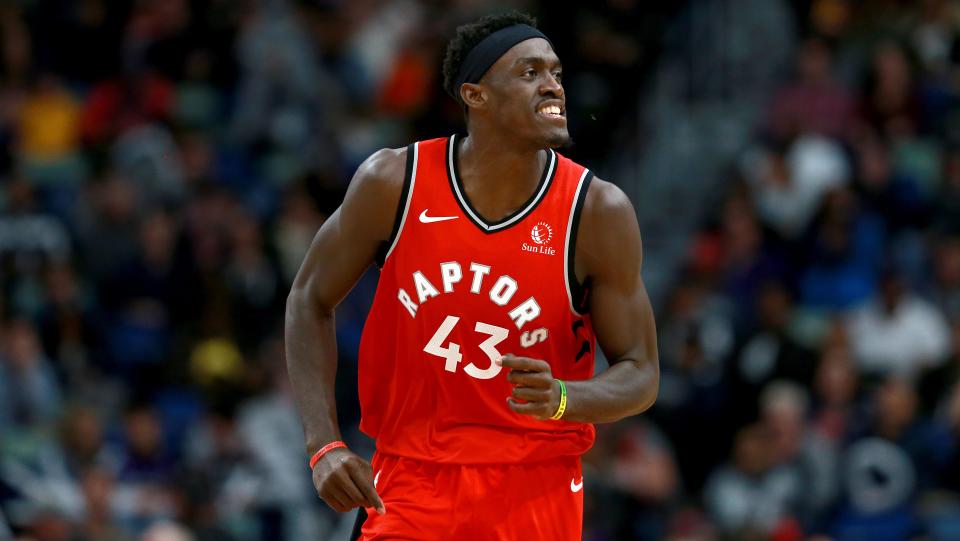 NEW ORLEANS, LOUISIANA - NOVEMBER 08: Pascal Siakam #43 of the Toronto Raptorsreacts after scoring a three pointer during a NBA game against the New Orleans Pelicans at the Smoothie King Center on November 08, 2019 in New Orleans, Louisiana. NOTE TO USER: User expressly acknowledges and agrees that, by downloading and or using this photograph, User is consenting to the terms and conditions of the Getty Images License Agreement.  (Photo by Sean Gardner/Getty Images)