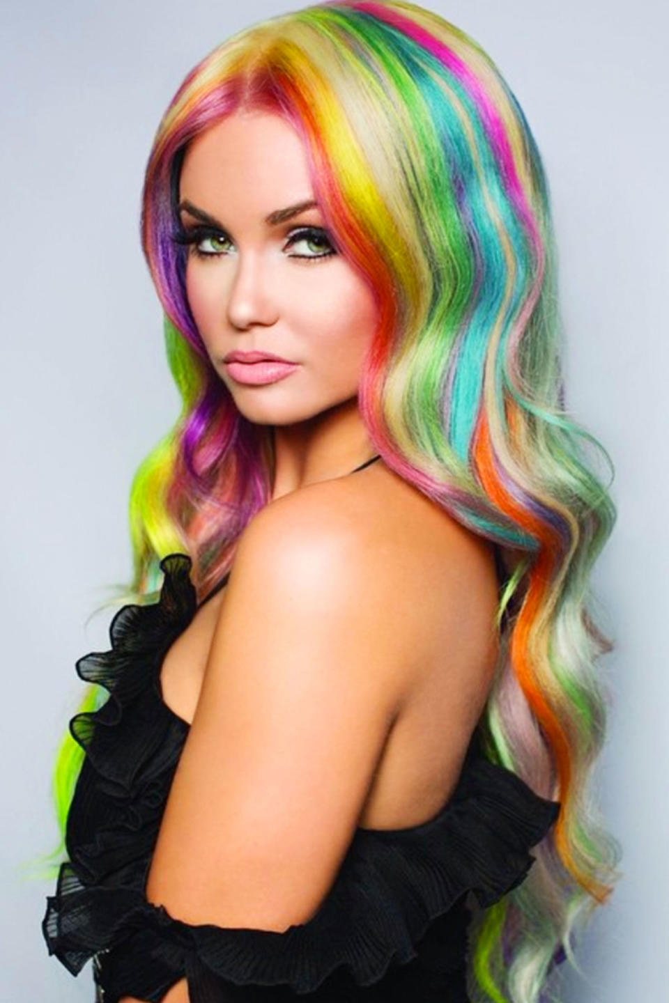 <p>Quintessential rainbow hair on a platinum blonde base.</p>