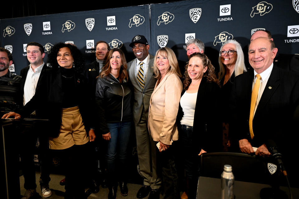 BOULDER, CO – DECEMBER 4: Deion Sanders, CUs new head football coach, center, poses for a photo at the University of Colorado. Photo by Helen H. Richardson/MediaNews Group/The Denver Post via Getty Images.